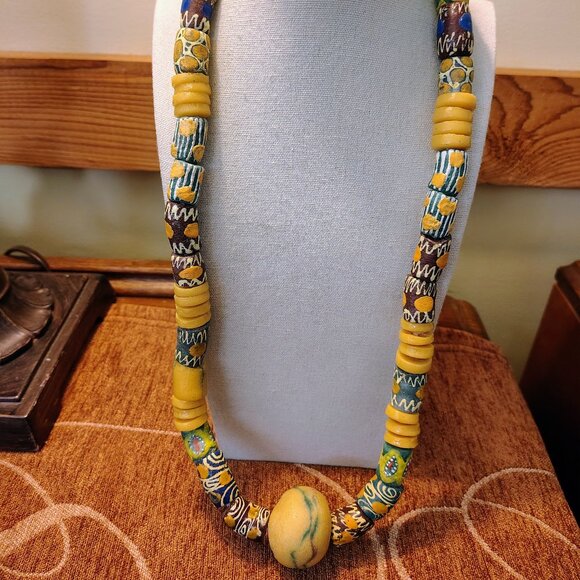 African Trade Beads Strand Multi Color Glass Tube Rare Patterns Necklace - Picture 11 of 11